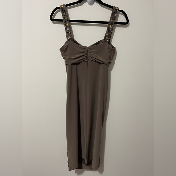 Joseph Ribkoff Brown Jeweled Bodycon Ruched Midi Dress in Size US 8 - Picture 4 of 8